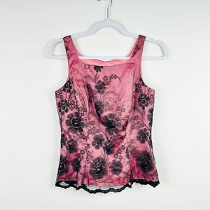 Vintage Geometrie Y2K Pink Black Lace Overlay Corset Style Blouse Size 4